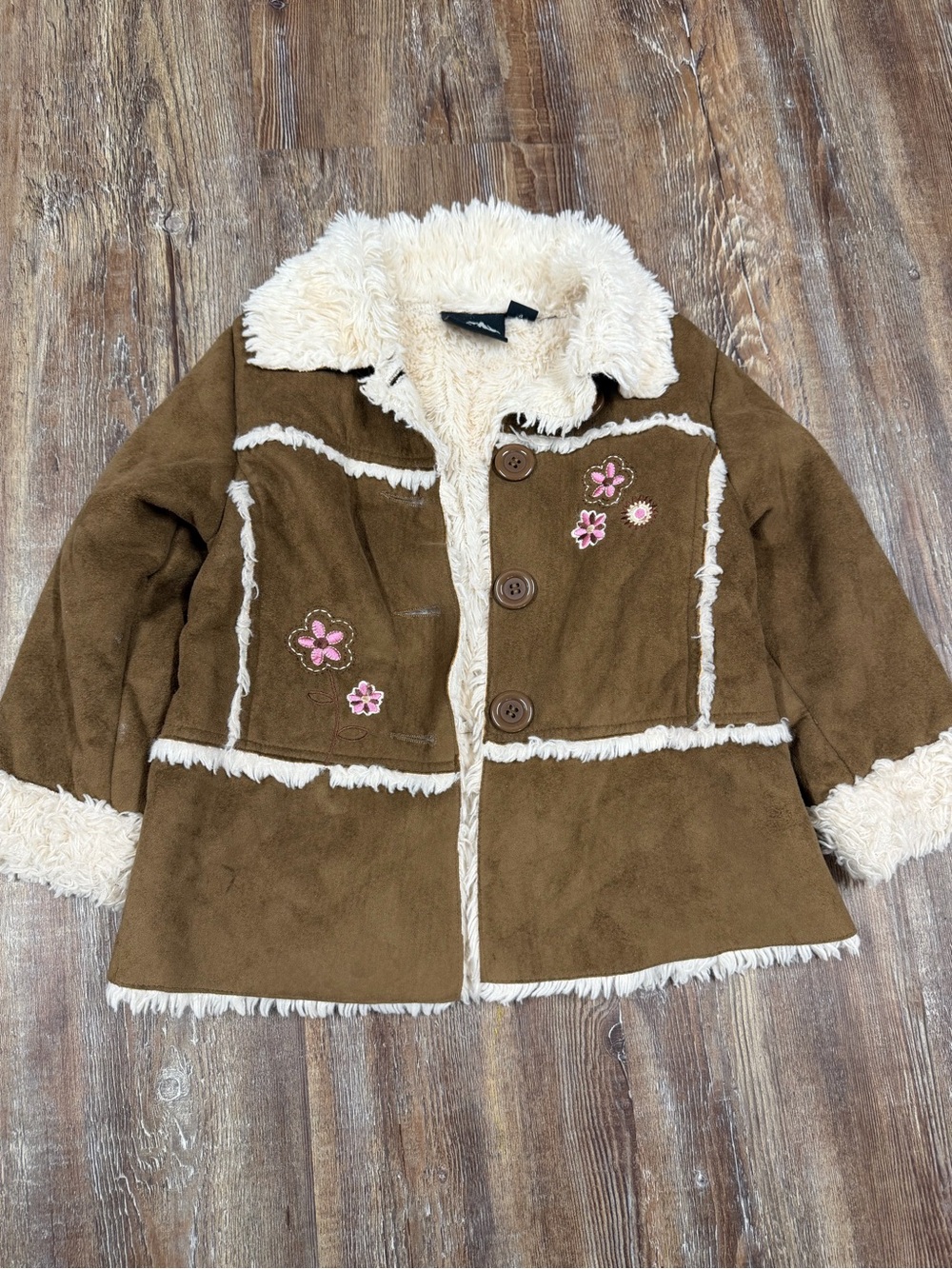 Y2K Brown suede jacket with white fur trim and pink floral embroidery